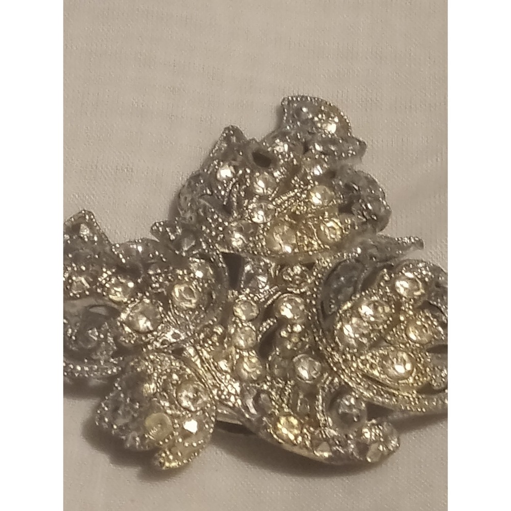 Antique Style Silver Rhinestone Dress Clip Clear Crystal Floral
